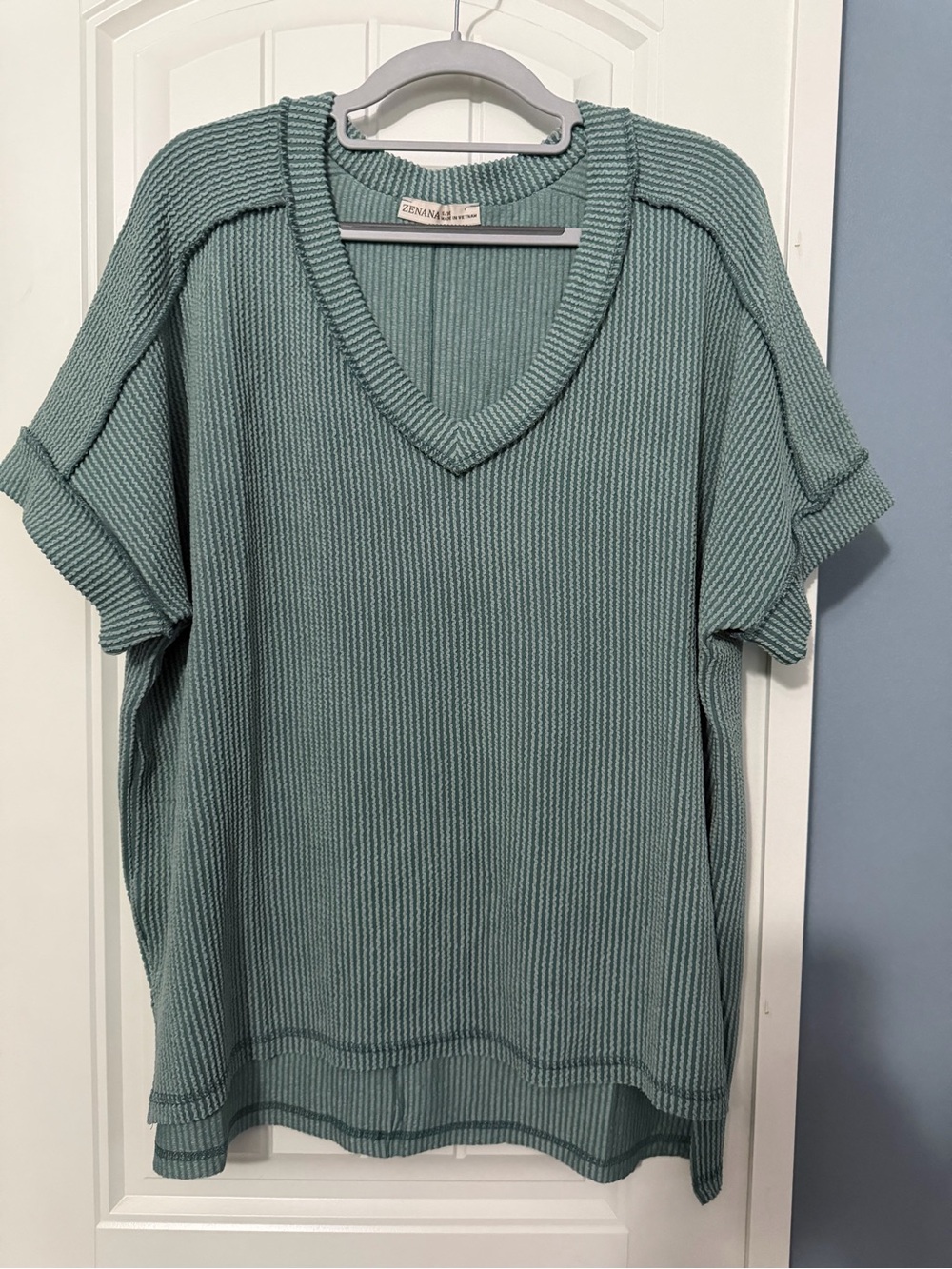 Zenana Outfitters Sage Green V-Neck Short Sleeve Waffle Knit Top